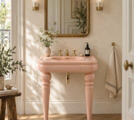 Console washbasin in Rosa Pastello ceramic on turned ceramic legs with gold taps