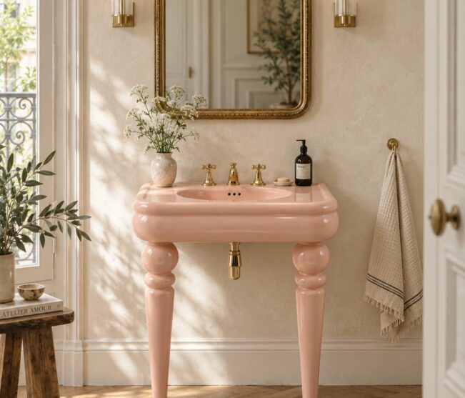 Console washbasin in Rosa Pastello ceramic on turned ceramic legs with gold taps