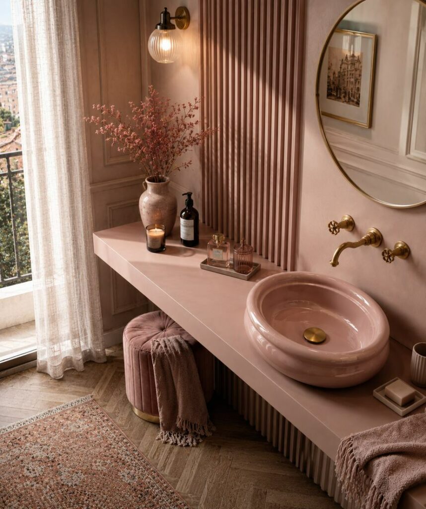 Lavabo da appoggio in ceramica Rosa Antico su mensola sospesa coordinata, rubinetteria a muro in ottone spazzolato