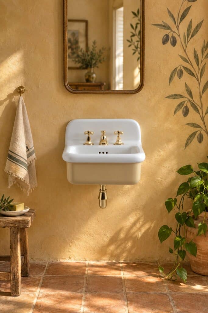 Lavabo sospeso con interno Bianco, esterno Yuta e rubinetteria oro a croce
