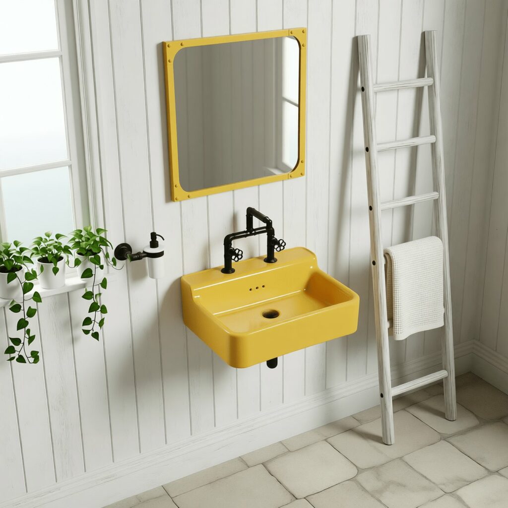 Lavabo sospeso in ceramica Giallo Sole con rubinetteria nera in stile industriale